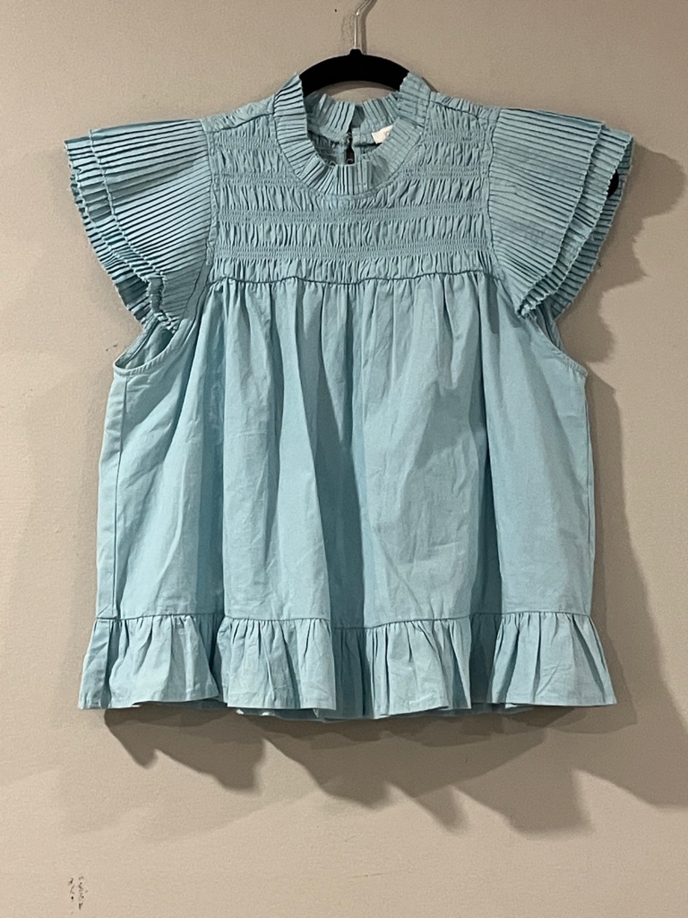 Love The Label Smocked Ruffle Sleeve Light Blue Blouse